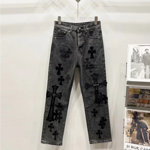 Chrome Hearts Dark Gray Jeans with Black Crosses